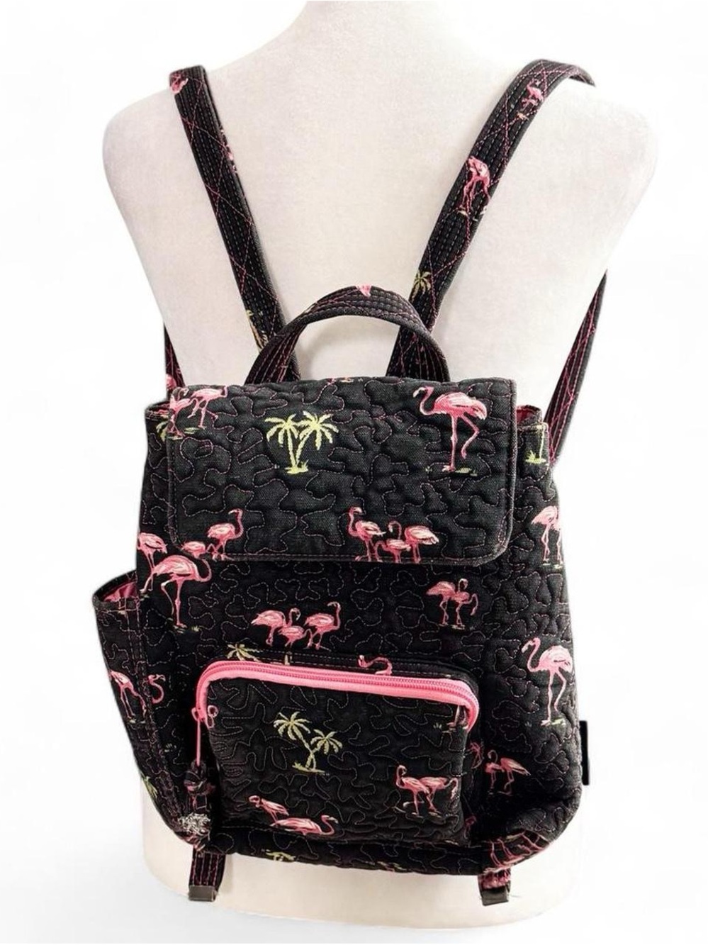 Vintage Donna Sharp Flamingo Quilted Backpack Purse Black Pink Tropical Bag